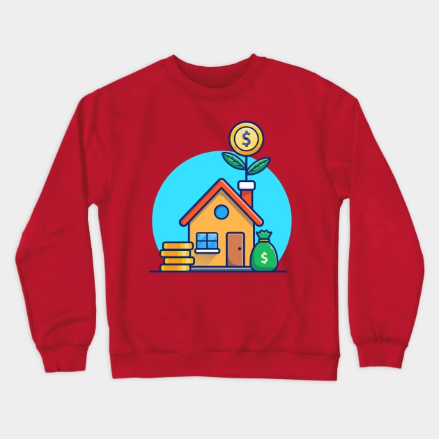 House With Gold Coin Money Plant Cartoon Crewneck Sweatshirt by Catalyst Labs